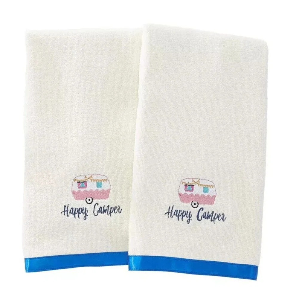 Glamper Happy Camper Hand Towels 2-Pc Embroidered Blue Border Cotton Gift NEW